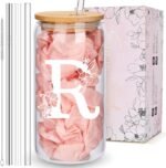 Personalized Tumbler, Monogrammed Can Glass Cups with Bamboo Lids and Straws, Customized Gifts for Women, Cute Design Initial Iced Coffee glasses, Custom Letter Mug, Birthday Bridesmaid, R - Image 2