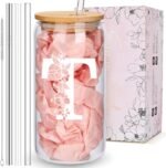 Personalized Tumbler, Monogrammed Can Glass Cups with Bamboo Lids and Straws, Customized Gifts for Women, Cute Design Initial Iced Coffee glasses, Custom Letter Mug, Birthday Bridesmaid, T - Image 2
