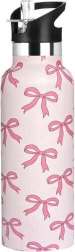 Pink Bow Sport Water Bottle with Straw, Vacuum Insulated Stainless Steel Thermal Drinking Travel Mug Cups For Gym Fitness Camping-20oz/600ml - Image 2