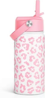 Pink Leopard Print Kids Water Bottle With Straw Lid 12oz Insulated Stainless Steel, Travel Tumbler, Gifts For Girls, Birthday, Christmas, Back To School - Image 2