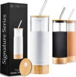 Premium 20oz Glass Tumbler Cup with Straw and Bamboo Lid & Base with Protective Silicone Sleeve - BPA Free - Growler Water Bottle Reusable Drinking Glasses Cup for Iced Tea, Coffee, Smoothie - White - Image 2