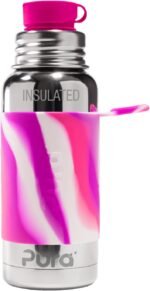 Pura Sport 16oz/473ml Insulated Bottle w/Sport Sleeve & Silicone Big Mouth Top - Stainless Steel, Warm & Cold, Leak-Proof & Spill-Proof for Kids, Toddlers, Preschoolers - Pink Swirl - Image 2