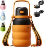 QWE Insulated Water Bottle with Straw&Lids,1000ml/32oz Vacuum Sealed water Bottles,Double Drinking,Stainless Steel Tumbler with Handle,Leak Proof,BPA Free,for Travel,Outdoors,Camping,Gym(OrangeBlack) - Image 2