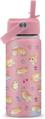 ROVOZAR Cat Water Bottle for Girls - 16oz Cat Stainless Steel Water Bottle with Straw - Cute Cats Insulated Cup - Pink Cats Kids Tumbler for School, Sports, Travel - Image 2