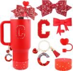 Red Cup Accessories Set for Stanley 30OZ & 40OZ Tumbler with Handle, Letter Charms, Bow & Diamond Straw Covers, Glitter Silicone Boot, Personalized Sticker for Stanley Cup Accessories (C) - Image 2
