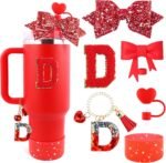 Red Cup Accessories Set for Stanley 30OZ & 40OZ Tumbler with Handle, Letter Charms, Bow & Diamond Straw Covers, Glitter Silicone Boot, Personalized Sticker for Stanley Cup Accessories (D) - Image 2