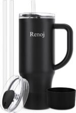 Renoj Tumbler with Handle 100% Spill Resistant Insulated Water Bottle for Iced Coffee & Hot Drinks - Fits Car Cup Holder, Ideal Gift, 2 Straws & Silicone Boot BPA-Free - FlexSlide Black 40 oz - Image 2