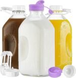 Ritayedet 3 Pack 64 Oz Heavy Duty Glass Milk Bottle with 2 Silicone Spouts, 4 Handles and 4 Reusable Airtight SCREW LIDS, 2 Qt Glass Water Bottle with 2 Exact Scale Lines - Milk & Juice Jug Pitcher - Image 2