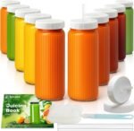 Ruckae 16oz Juice Bottles,Ribbed Glass Juicing Bottles with Lids,Smoothie Cup Lids and Straws,Water Bottle Mason Jar Drinking Glasses for Juicing,Smoothies,Kombucha (Clear-10 pack) - Image 2
