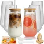 Ruckae Borosilicate Glass Cups with Lids and Straws,16oz Reusable Iced Coffee Cup with Lid Glass Cups 6 Pack for Coffee Bar Accessories,Smoothie,Juice,Durable Clear Tumbler Cups for Home,Office,Travel - Image 2