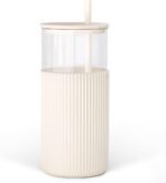 SANDJEST Glass Tumbler with Straw and Lid, Glass Water Bottle with Silicone Sleeve 20oz, Smoothie, Iced Coffee Cup, Gifts for Women Teen Girls Birthday Christmas (Cream) - Image 2