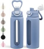 SANDJEST Glass Water Bottle with Silicone Sleeve 24oz with Lid, Motivational Time Marker, Drinking Hydration Glass Bottles for Men Women, Gym Travel Sports (Blue) - Image 2