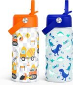 SANDJEST Kid Water Bottle 12oz with Straw Lid - 2-Pack Insulated Stainless Steel Water Bottles for Kids Girls - Travel Cup for School Sports, Construction & Dinosaur - Image 2