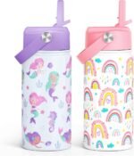 SANDJEST Kid Water Bottle 12oz with Straw Lid - 2-Pack Insulated Stainless Steel Water Bottles for Kids Girls - Travel Cup for School Sports, Rainbow & Mermaid - Image 2