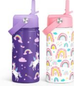 SANDJEST Kids Water Bottle with Straw Lid, Pack of 2 Insulated 12 Oz Stainless Steel Water Bottles for Girls, Travel Cup for School Sports, Unicorn - Rainbow - Image 2