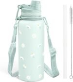 SANDJEST Mint Daisy Stainless Steel Water Bottle with Strap 32oz, Insulated Bottles with Straw and Spout Lid for Gym Sports Travel Outdoor, Gifts for Women Girls Birthday Christmas - Image 2