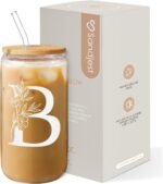 SANDJEST Monogrammed Gifts for Women - Monogram B Initial Glass Cup 16 Oz Can Coffee Cups with Lid and Straw - Monogram Initials Gifts for Womens on Birthday - Image 2