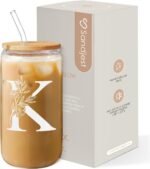 SANDJEST Monogrammed Gifts for Women - Monogram K Initial Glass Cup 16 Oz Can Coffee Cups with Lid and Straw - Monogram Initials Gifts for Womens on Birthday - Image 2