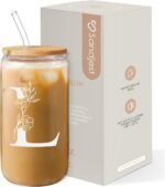 SANDJEST Monogrammed Gifts for Women - Monogram L Initial Glass Cup 16 Oz Can Coffee Cups with Lid and Straw - Monogram Initials Gifts for Womens on Birthday - Image 2