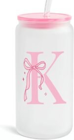 SANDJEST Monogrammed Glass Drinking Can Cup with Acrylic Lid and Straw, Personalized Frosted Iced Coffee Tumbler 16oz, Monogram Initial Gifts for Women Girls on Birthday (K) - Image 2