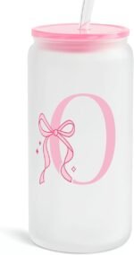 SANDJEST Monogrammed Glass Drinking Can Cup with Acrylic Lid and Straw, Personalized Frosted Iced Coffee Tumbler 16oz, Monogram Initial Gifts for Women Girls on Birthday (O) - Image 2