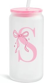 SANDJEST Monogrammed Glass Drinking Can Cup with Acrylic Lid and Straw, Personalized Frosted Iced Coffee Tumbler 16oz, Monogram Initial Gifts for Women Girls on Birthday (S) - Image 2