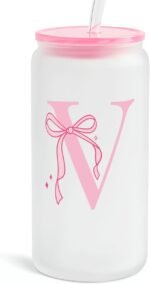 SANDJEST Monogrammed Glass Drinking Can Cup with Acrylic Lid and Straw, Personalized Frosted Iced Coffee Tumbler 16oz, Monogram Initial Gifts for Women Girls on Birthday (V) - Image 2