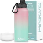 SASEUM Insulated Stainless Steel Water Bottles 32oz with Spout Lids Metal Vacuum Thermal Large Water Jug Leak-proof Reusable Flask for Sports Gym and Travel,Pink-Green - Image 2