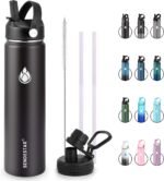 SENDESTAR Insulated Water Bottle 24 OZ, Wide Mouth 24 oz Water Bottle with Straw Lid, Spout Lid, Double Wall Vacuum Stainless Steel Leak Proof, Keeps Liquids Hot or Cold (Black) - Image 2