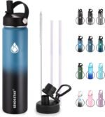 SENDESTAR Insulated Water Bottle 24 oz, Double Wall Vacuum Leak Proof Stainless Steel Sports Water Bottle—Wide Mouth with New Flex Straw Lid & Spout Lid (Deep Blue&Black) - Image 2