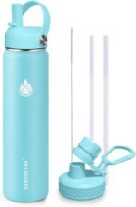 SENDESTAR Stainless Steel Wide Mouth Water Bottle 24oz Double Wall Vacuum Insulated Leak Proof Bottle with New Flex Straw Lid & Spout Lid - Image 2