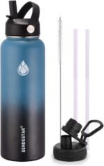 SENDESTAR Water Bottle 32oz Double Wall Vacuum Insulated Leak Proof Stainless Steel Sports Water Bottle—Wide Mouth with New Flex Straw Lid & Spout Lid (Deep Blue&Black) - Image 2