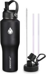 SENDESTAR Water Bottle 32oz,Wide Mouth Stainless Steel Vacuum Insulated Double Wall Keep Liquids Cold or Hot All Day,Sweat Proof Sport Design,Fit Car Cup Holder,2 Lids(Straw and Spout lid)(Black) - Image 2