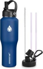 SENDESTAR Water Bottle 32oz,Wide Mouth Stainless Steel Vacuum Insulated Double Wall Keep Liquids Cold or Hot All Day,Sweat Proof Sport Design,Fit Car Cup Holder,2 Lids(Straw and Spout lid)(Cobalt) - Image 2