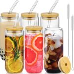 SENTVEND 20 Oz Drinking Glasses with Bamboo Lids and Glass Straw - 6 Pcs Glass Cups Beer Ice Coffee Glasses Cute Aesthetic Cup Great for Coffee Bar Accessories Include 2 Cleaning Brushes - Image 2