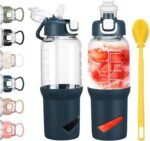 SIEROZUR 32 oz Glass Tumbler with Straw, Glass Water Bottles with 2 Lids-Handle Spout Lid & Straw Lid, 1 Liter Motivational Water Bottles, Silicone Sleeve, Fits Car Cup Holder,Dark Blue - Image 2