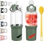 SIEROZUR 32 oz Glass Tumbler with Straw, Glass Water Bottles with 2 Lids-Handle Spout Lid & Straw Lid, 1 Liter Motivational Water Bottles, Silicone Sleeve, Fits Car Cup Holder,Olive - Image 2