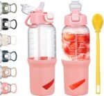 SIEROZUR 32 oz Glass Tumbler with Straw, Glass Water Bottles with 2 Lids-Handle Spout Lid & Straw Lid, 1 Liter Motivational Water Bottles, Silicone Sleeve, Fits Car Cup Holder,Pink - Image 2