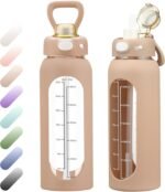 SIEROZUR 32 oz Glass Water Bottle with Straw and Handle 1 Liter Glass Water Bottle with Silicone Sleeve and Time Marker Sports Water Jug Wide Mouth for Travel Gym - Image 2