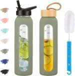 SIEROZUR 32oz Glass Water Bottle with 2 Lids-Handle Straw Lid & Bamboo Lid Borosilicate Glass Water Bottle With Silicone Sleeve and Time Marker Leakproof Water Jug Canteen for Gym - Image 2