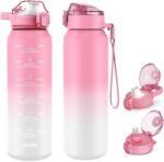 SLUXKE 32oz Insulated water bottle with 2 Lids (Straw and Chug Lid), 18/10 Stainless Steel Water Bottle BPA Free, Double Wall Vacuum Wide Mouth Insulated Water Bottle for Men, Women & Kids PINK WHITE - Image 2