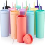 STRATA CUPS Multicolor Skinny Tumblers with Lids and Straws (12 pack) - 16oz Double Wall Acrylic Tumbler, Tall Matte Skinny Tumblers, Bulk with Free Straw Cleaner, Reusable Cups - Image 2