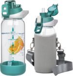 Seekua 20 oz Sports Glass Water Bottle with Straw & Time Marker, Motivational Kids Daily Glass Drinking Bottle with Strap for Children, School - Image 2