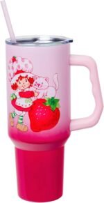 Silver Buffalo Strawberry Shortcake and Custard Vintage Berry Ombre Double Walled Stainless Steel Tumbler with Handle and Straw, Fits in Standard Cup Holder, 40 Ounces - Image 2