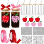 Skylety 6 Pack Personalized Clear Glass Cups Gifts 16 oz DIY Appreciate Cup Teacher Gifts Red Pink Custom Name UV Apple Sticker with Lids Glass Straw Ribbon for Family Employee Coworker - Image 2