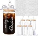Skylety 6 Set Valentines Personalized Glass Cups with Bamboo Lids and Glass Straws 16 oz Custom Coffee Cups with Name Sticker Ribbon DIY Tumbler Gift for Birthday Proposal Bridal Shower (Classic) - Image 2