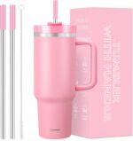 Skywerc 40 oz Tumbler with Handle and Straw, 2 in 1 Lid, Vacuum Insulated Stainless Steel Double Wall Water Bottle Travel Mug - Holiday Gifts for Women Men - Pink - Image 2