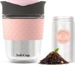 SoleCup. Travel Mug Loose Tea Infuser - Detachable Tea Strainer with Spillproof Lid - BPA-Free Reusable Glass Travel Coffee Cup with Silicone Band (Gray and Pink, 12oz) - Image 2