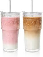SoulTimes 20oz Ribbed & Floral Glass Tumbler Set of 2 – Reusable Glass Cups with Lid and Glass Straw, Iced Coffee Cups for Water, Smoothie, Milk, Cocktail & More – Perfect for Daily Use & Travel - Image 2