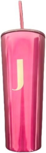 Stainless Steel Monogram Tumbler 'J' Tumbler with Straw, 21 oz / 640 ml. Metallic Burgundy - Image 2